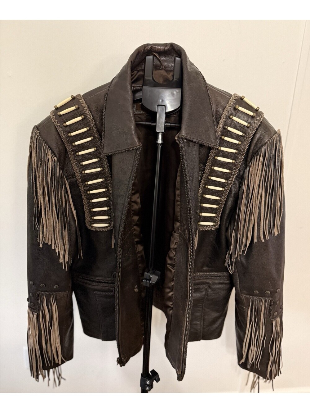 Leather Gallery Western Fringe Beaded Men Motorcycle Biker Jacket Dark Brown XL